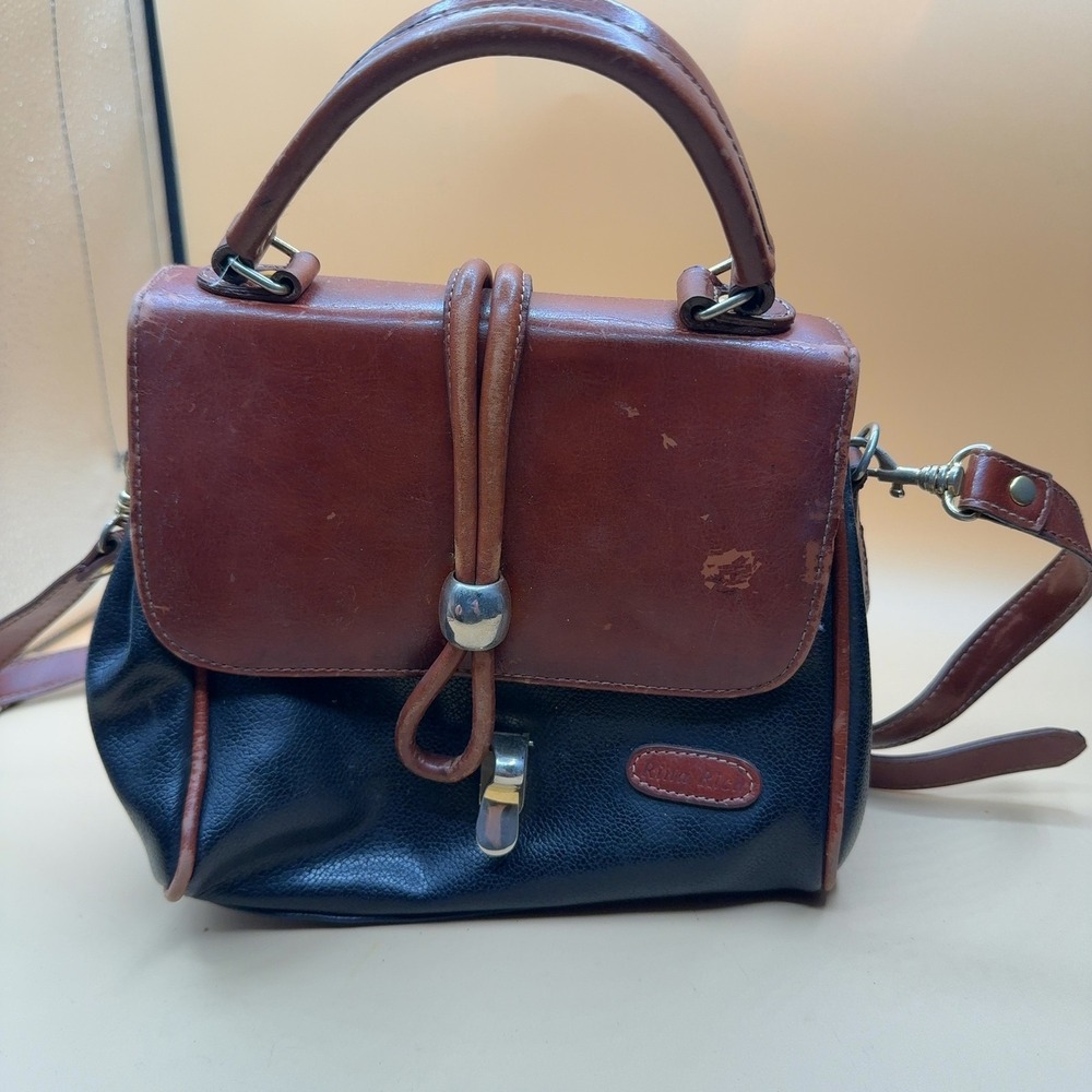 Rina Rich Crossbody Handbag Two-Tone Leather Flap Satchel Blue Brown (poor cond)